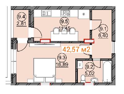 1-кімнатна 42.57 м² в ЖК Підгірний від 23 950 грн/м², Ужгород