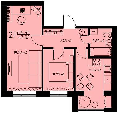 2-кімнатна 47.65 м² в ЖК Молодіжне містечко від 17 000 грн/м², с. Крюківщина