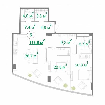 2-комнатная 116.1 м² в МФК Intergal City от 57 960 грн/м², Киев