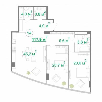 2-комнатная 126.8 м² в МФК Intergal City от 58 212 грн/м², Киев