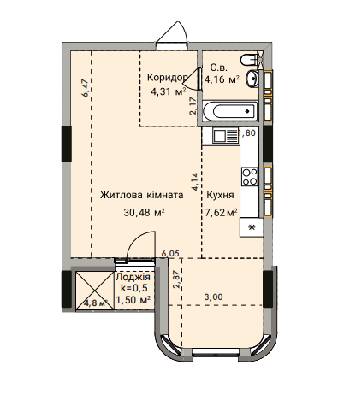 1-кімнатна 30.48 м² в ЖК 044 від 47 000 грн/м², Київ