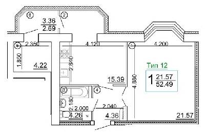 1-комнатная 52.49 м² в Мкрн Академический от 18 800 грн/м², Винница