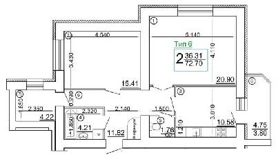 2-комнатная 72.7 м² в Мкрн Академический от 19 300 грн/м², Винница