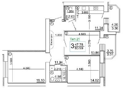 3-комнатная 83.99 м² в Мкрн Академический от 15 800 грн/м², Винница