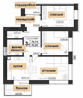 3-комнатная 76.14 м² в ЖК Park Residence от 24 600 грн/м², с. Софиевская Борщаговка