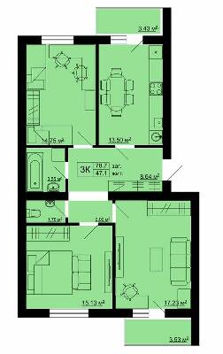 3-комнатная 78.7 м² в ЖК Південний от 21 000 грн/м², с. Сокольники
