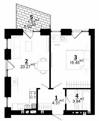 1-кімнатна 46.38 м² в ЖК City Lake від 22 500 грн/м², с. Шевченкове
