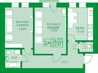 2-кімнатна 62.91 м² в ЖК Київський від 16 300 грн/м², м. Буча