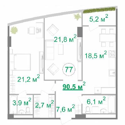 2-комнатная 90.5 м² в МФК Intergal City от 75 760 грн/м², Киев