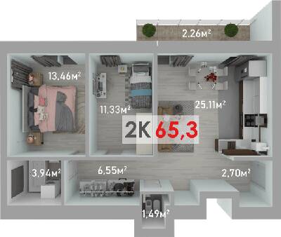 2-комнатная 65.3 м² в ЖК Квартал Краковский от 13 300 грн/м², с. Волчинец