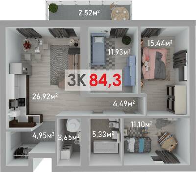 3-комнатная 84.3 м² в ЖК Квартал Краковский от 13 300 грн/м², с. Волчинец