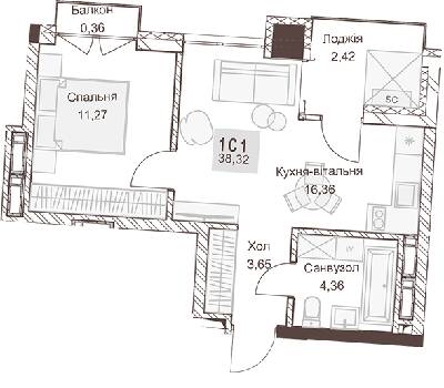 1-комнатная 38.32 м² в ЖК Pokrovsky Apart Complex от 31 550 грн/м², Ровно