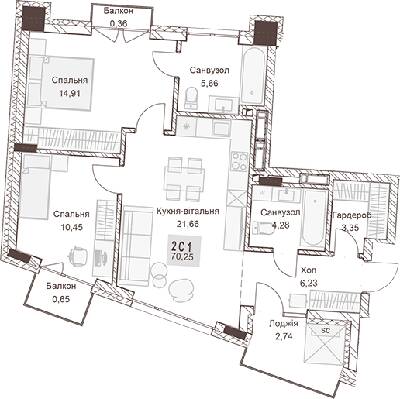 2-комнатная 70.25 м² в ЖК Pokrovsky Apart Complex от 31 550 грн/м², Ровно