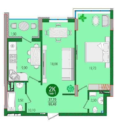 2-комнатная 65.4 м² в ЖК Q-smart от 25 950 грн/м², Киев