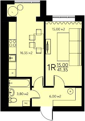 1-комнатная 41.35 м² в ЖК Молодежный городок от 22 000 грн/м², с. Крюковщина