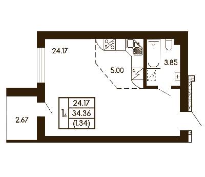 1-кімнатна 34.36 м² в ЖК Чайка від 21 500 грн/м², с. Чайки