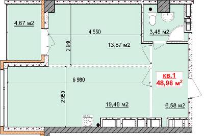 1-комнатная 48.98 м² в ЖК Славия от застройщика, Днепр