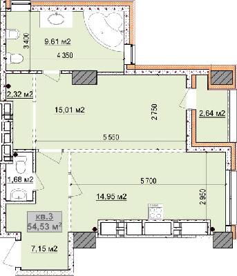 1-комнатная 54.53 м² в ЖК Славия от застройщика, Днепр