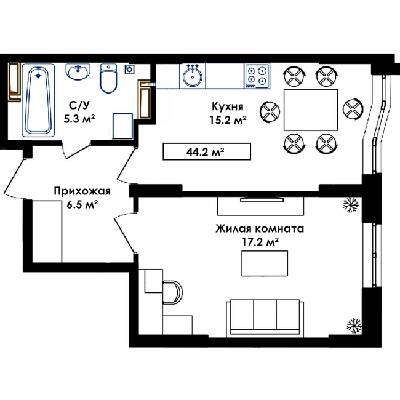 1-кімнатна 44.2 м² в ЖК Бурштиновий від 17 800 грн/м², с. Ілічанка