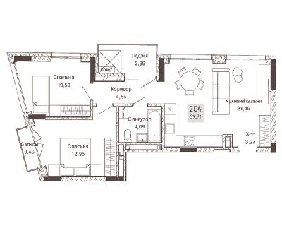 2-комнатная 59.71 м² в ЖК Pokrovsky Apart Complex от 31 550 грн/м², Ровно