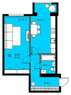 1-комнатная 49.2 м² в ЖК Молодежный городок от 22 000 грн/м², с. Крюковщина