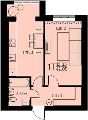 1-комнатная 42.05 м² в ЖК Молодежный городок от 22 000 грн/м², с. Крюковщина
