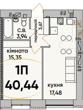 1-кімнатна 40.44 м² в ЖК Continent Ray від 20 000 грн/м², м. Буча