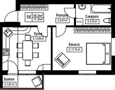 1-комнатная 46.9 м² в ЖК Південний от 21 000 грн/м², с. Сокольники