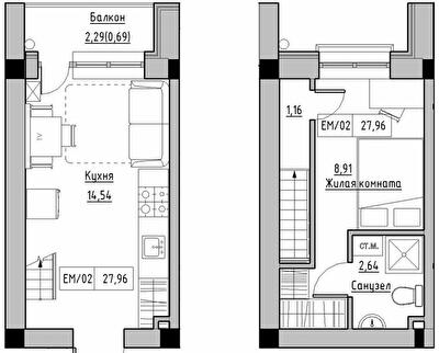 Дворівнева 27.96 м² в ЖК KEKS від 14 900 грн/м², смт Авангард