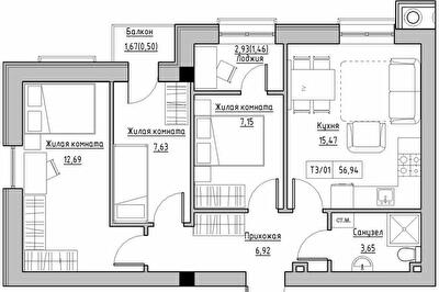 3-кімнатна 56.94 м² в ЖК KEKS від 21 650 грн/м², смт Авангард