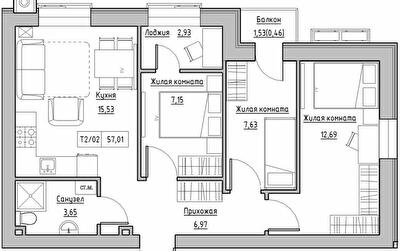 3-кімнатна 57.01 м² в ЖК KEKS від 21 350 грн/м², смт Авангард