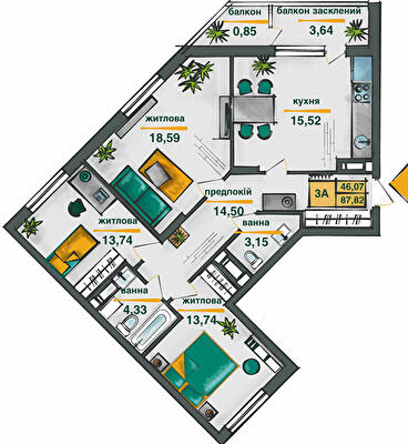 3-комнатная 87.82 м² в ЖК Сырецкие сады от 24 850 грн/м², Киев