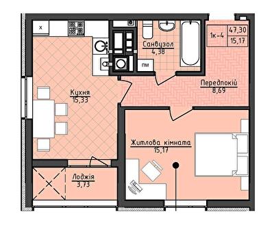 1-комнатная 47.3 м² в ЖК Deluxe-2 от застройщика, Львов