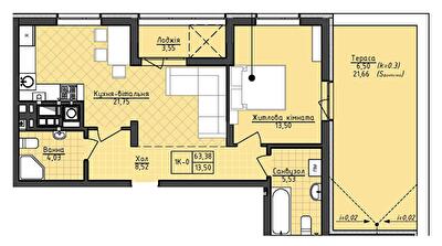 1-комнатная 63.38 м² в ЖК Deluxe-2 от застройщика, Львов