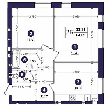 2-кімнатна 64.09 м² в ЖК Емоція від 28 000 грн/м², с. Хотів