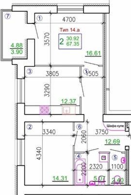 2-комнатная 67.35 м² в Мкрн Академический от 19 750 грн/м², Винница