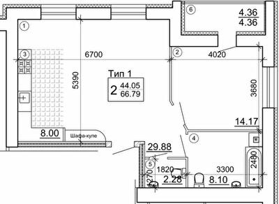 2-комнатная 66.79 м² в Мкрн Академический от 18 500 грн/м², Винница