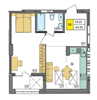 1-комнатная 44.91 м² в ЖК Амстердам от 18 500 грн/м², с. Струмовка