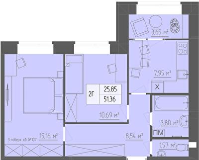 2-комнатная 51.36 м² в ЖК Abricos от 13 700 грн/м², Ровно