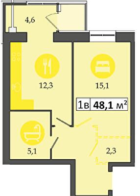 1-комнатная 48.1 м² в ЖК Днепровская Брама 2 от 16 900 грн/м², пгт Слобожанское