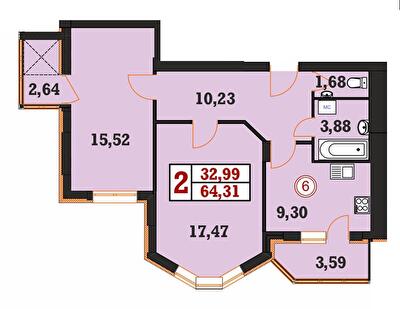 2-комнатная 64.31 м² в ЖК Гетманский от 18 200 грн/м², Хмельницкий