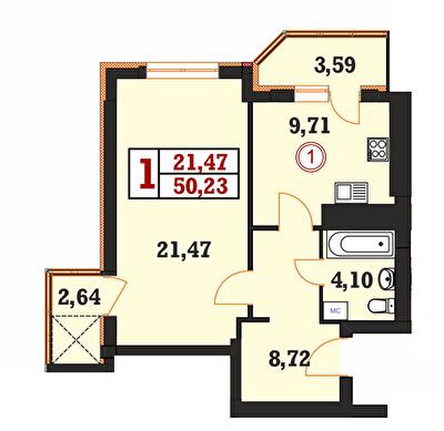 1-комнатная 50.23 м² в ЖК Гетманский от 17 200 грн/м², Хмельницкий