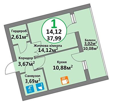 1-комнатная 37.99 м² в ЖК Эко-дом на Козельницкой от 43 500 грн/м², Львов