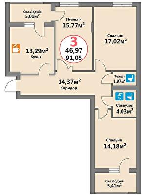 3-кімнатна 91.05 м² в ЖК Еко-дім на Козельницькій від 41 000 грн/м², Львів