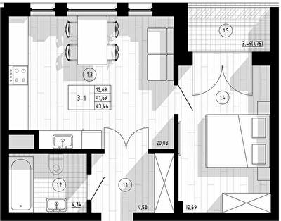 1-комнатная 43.44 м² в Апарт-комплекс COMPASS CENTER от 67 250 грн/м², Киев