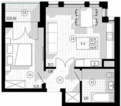 1-комнатная 46.03 м² в Апарт-комплекс COMPASS CENTER от 67 250 грн/м², Киев
