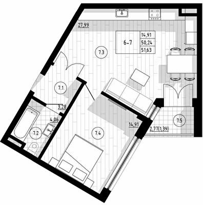 1-комнатная 51.63 м² в Апарт-комплекс COMPASS CENTER от 67 250 грн/м², Киев