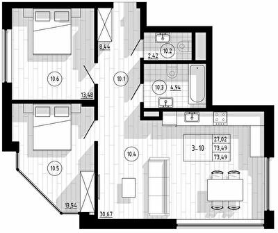 2-комнатная 73.49 м² в Апарт-комплекс COMPASS CENTER от 66 400 грн/м², Киев