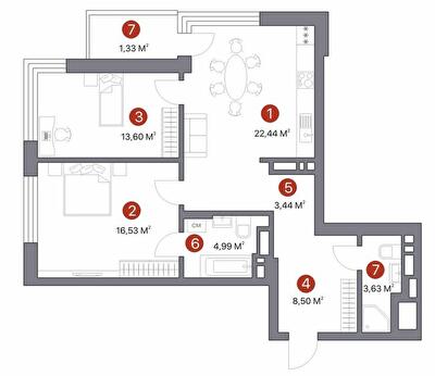 2-комнатная 74.3 м² в ЖК 7 KVARTAL от 27 450 грн/м², Киев