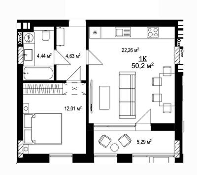1-кімнатна 50.2 м² в ЖК KBD.HOUSE B16 від забудовника, Київ